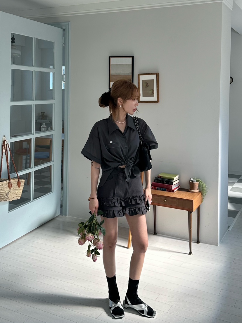 ZEROZERO韓國直郵㊣女裝新款休閑人氣襯衫蕾絲衫荷葉邊亞麻ZEROZERO襯衫/蕾絲衫