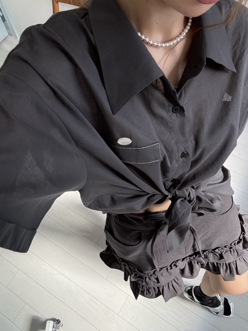 ZEROZERO韓國直郵㊣女裝新款休閑人氣襯衫蕾絲衫荷葉邊亞麻ZEROZERO襯衫/蕾絲衫