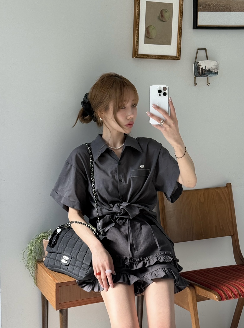ZEROZERO韓國直郵㊣女裝新款休閑人氣襯衫蕾絲衫荷葉邊亞麻ZEROZERO襯衫/蕾絲衫