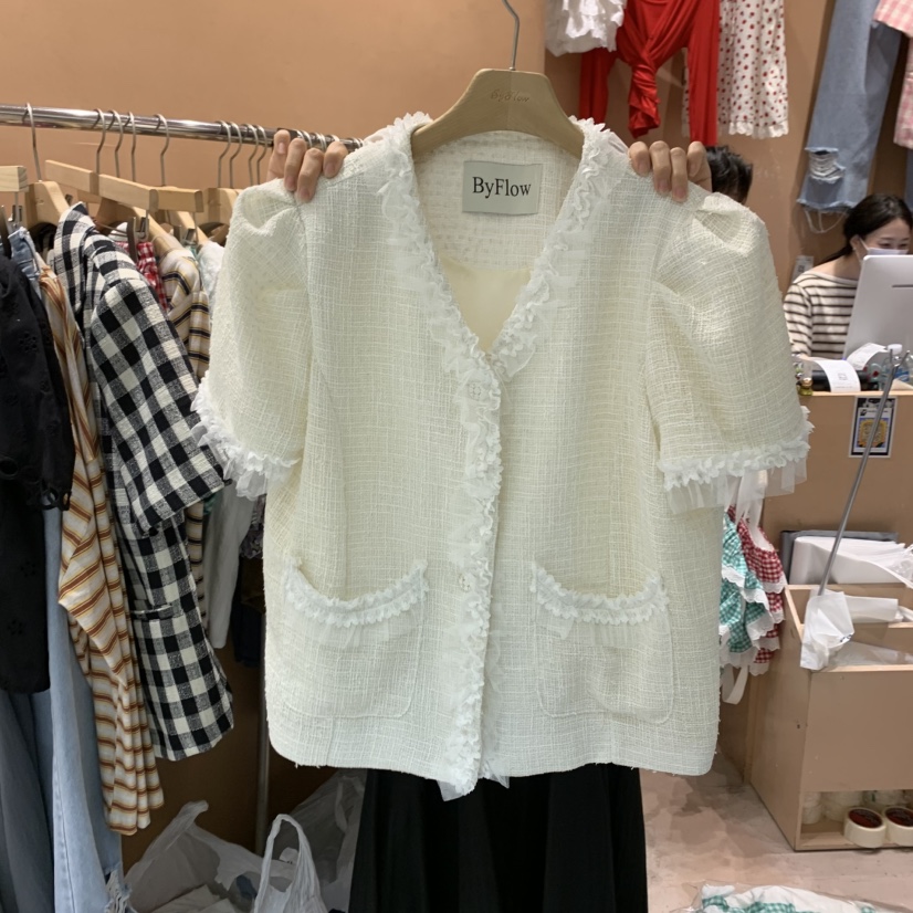 BY FLOW直郵韓國代購㊣女裝新品25春夏熱賣休閑夾克花呢蕾絲BY FLOW夾克圖色2