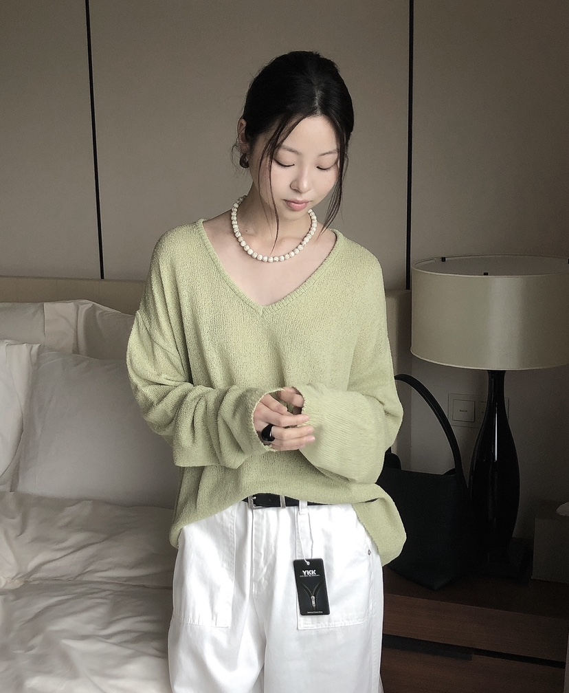 LE BUTTER韓國代購女士新品休閑25春夏熱賣職業時尚針織衫V領LE BUTTER針織衫