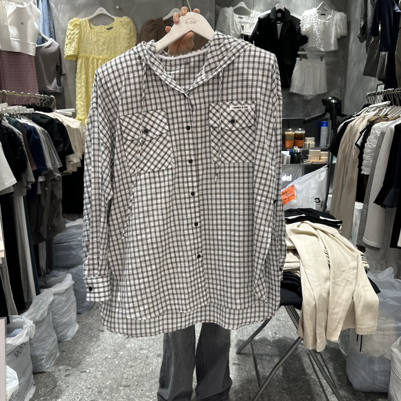 A-DEL韓國直郵㊣東大門實拍女裝新品休閑襯衫蕾絲衫連帽衫格紋A-DEL襯衫/蕾絲衫