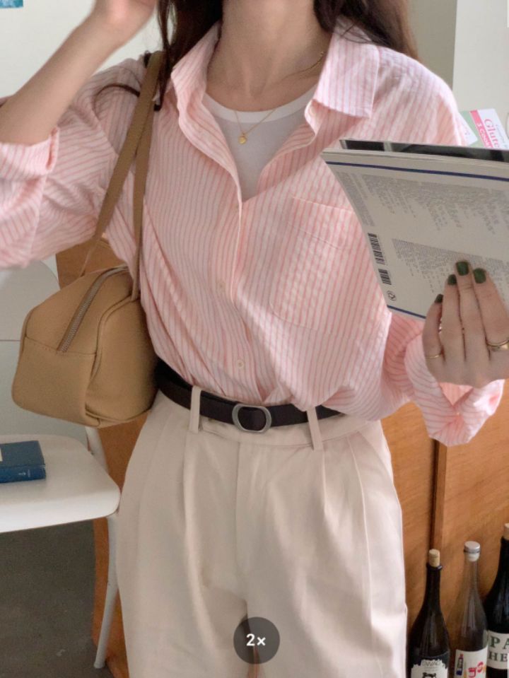 STAY HERE東大門代購女士新款人氣推薦襯衫蕾絲衫亞麻條紋STAY HERE襯衫/蕾絲衫