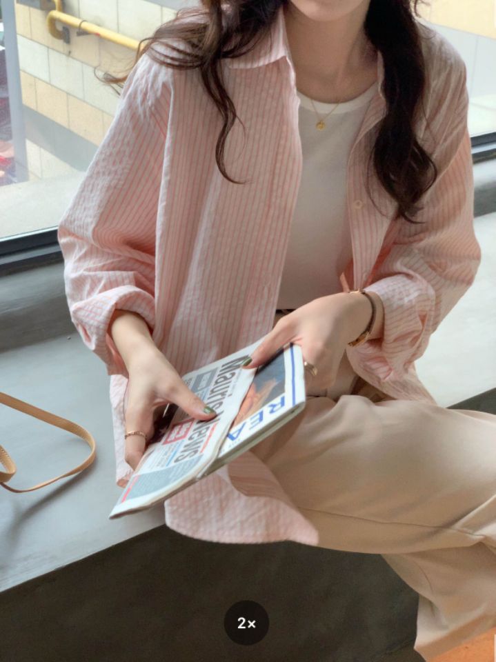 STAY HERE東大門代購女士新款人氣推薦襯衫蕾絲衫亞麻條紋STAY HERE襯衫/蕾絲衫圖色2