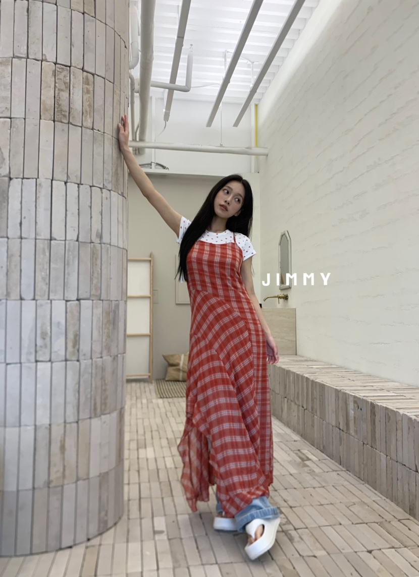 JIMMY韓國㊣直郵東大門代購女裝新款熱賣25春夏長裙不含內搭格紋JIMMY/REMAKE長裙