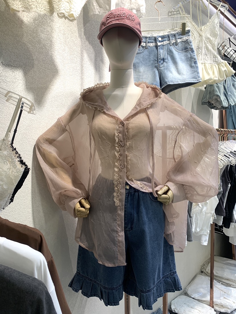 SYMBOL韓國直郵女士新品25春夏休閑人氣襯衫蕾絲衫透明連帽SYMBOL襯衫/蕾絲衫