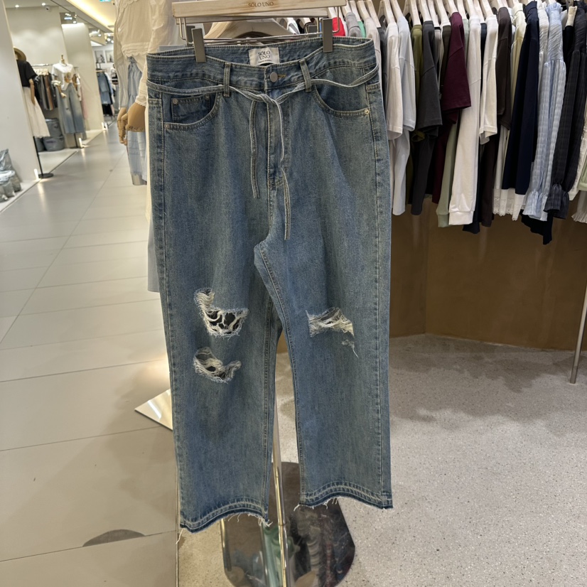 SOLOUNO韓國代購女士新品時尚熱賣人氣休閑牛仔褲含腰繩綁帶SOLOUNO牛仔褲圖色1