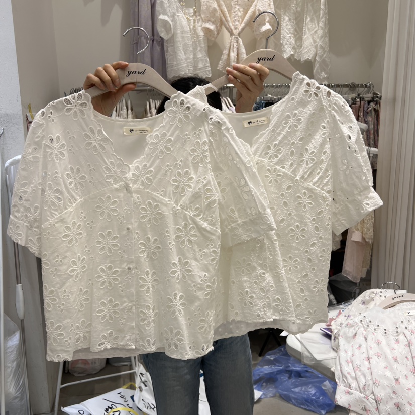 YARD韓國直郵女士新款真品25春夏休閑人氣襯衫蕾絲衫刺繡開衫YARD襯衫/蕾絲衫