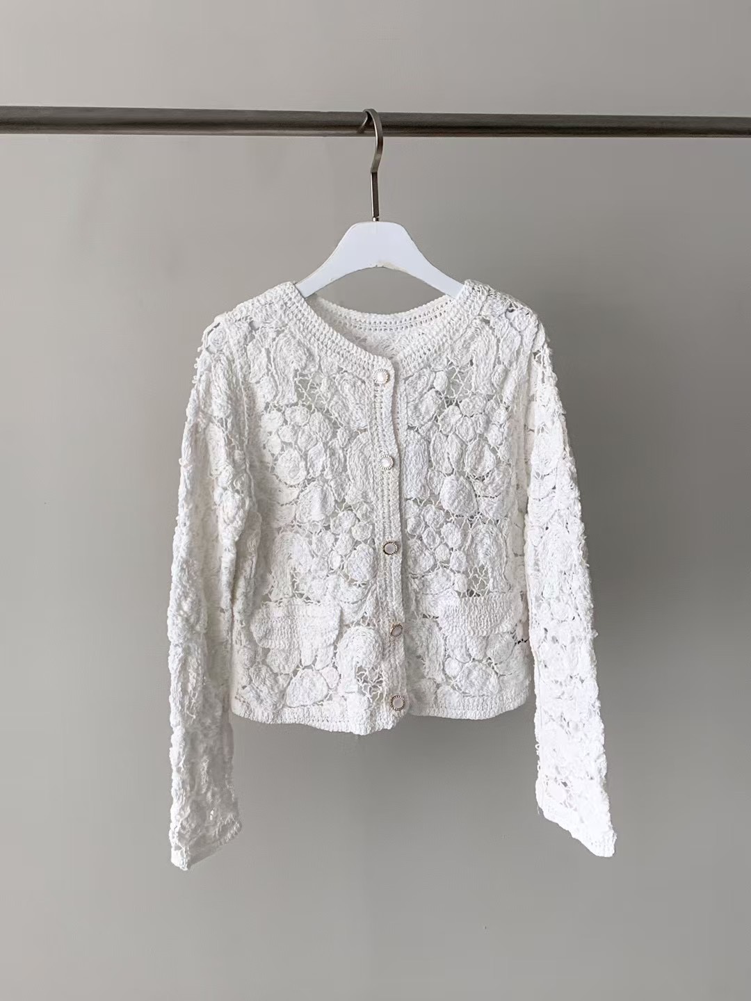AGAIN US韓國代購女裝新品熱賣25春夏職業針織衫口袋蕾絲開衫AGAIN US針織衫圖色1