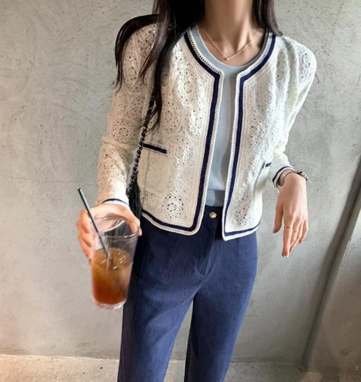 AGAIN US東大門代購女士新品25春夏時尚休閑針織衫蕾絲開衫AGAIN US針織衫