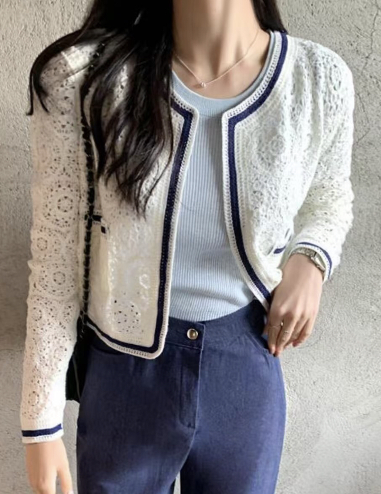 AGAIN US東大門代購女士新品25春夏時尚休閑針織衫蕾絲開衫AGAIN US針織衫圖色1