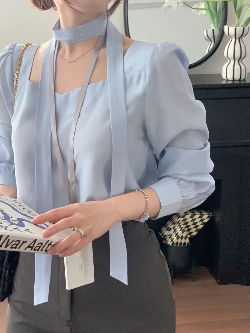 ORORA韓國直郵㊣東大門實拍女裝新品25春夏襯衫蕾絲衫含脖帶ORORA襯衫/蕾絲衫