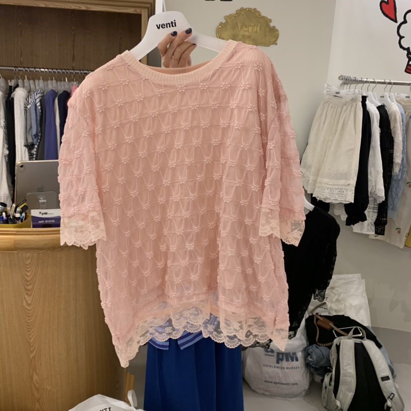 VENTI直郵韓國代購㊣女裝新品時尚25春夏襯衫蕾絲衫蕾絲雙層VENTI襯衫/蕾絲衫圖色2