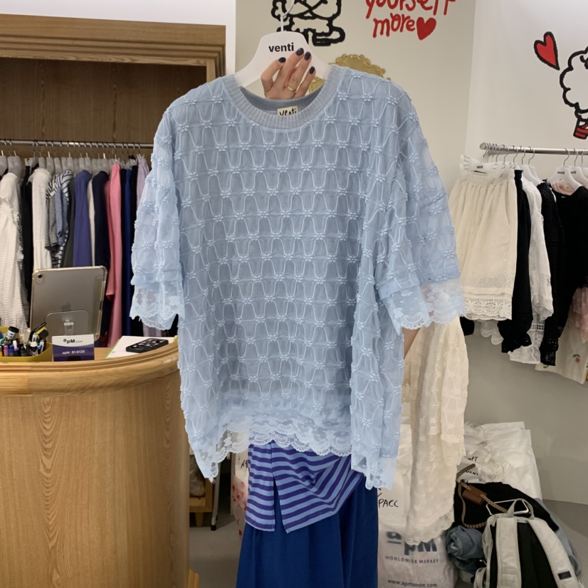 VENTI直郵韓國代購㊣女裝新品時尚25春夏襯衫蕾絲衫蕾絲雙層VENTI襯衫/蕾絲衫圖色4