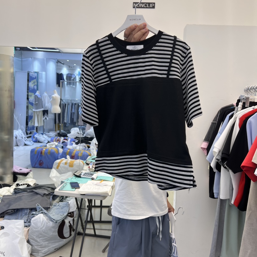 NON CLIP韓國直郵㊣東大門實拍女裝新品25春夏T恤假兩件雙面NON CLIPT恤圖色2