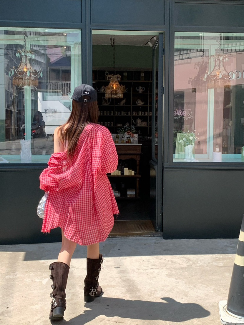 REVE CITE-L東大門代購女士新品休閑推薦25春夏襯衫蕾絲衫格紋REVE CITE襯衫/蕾絲衫