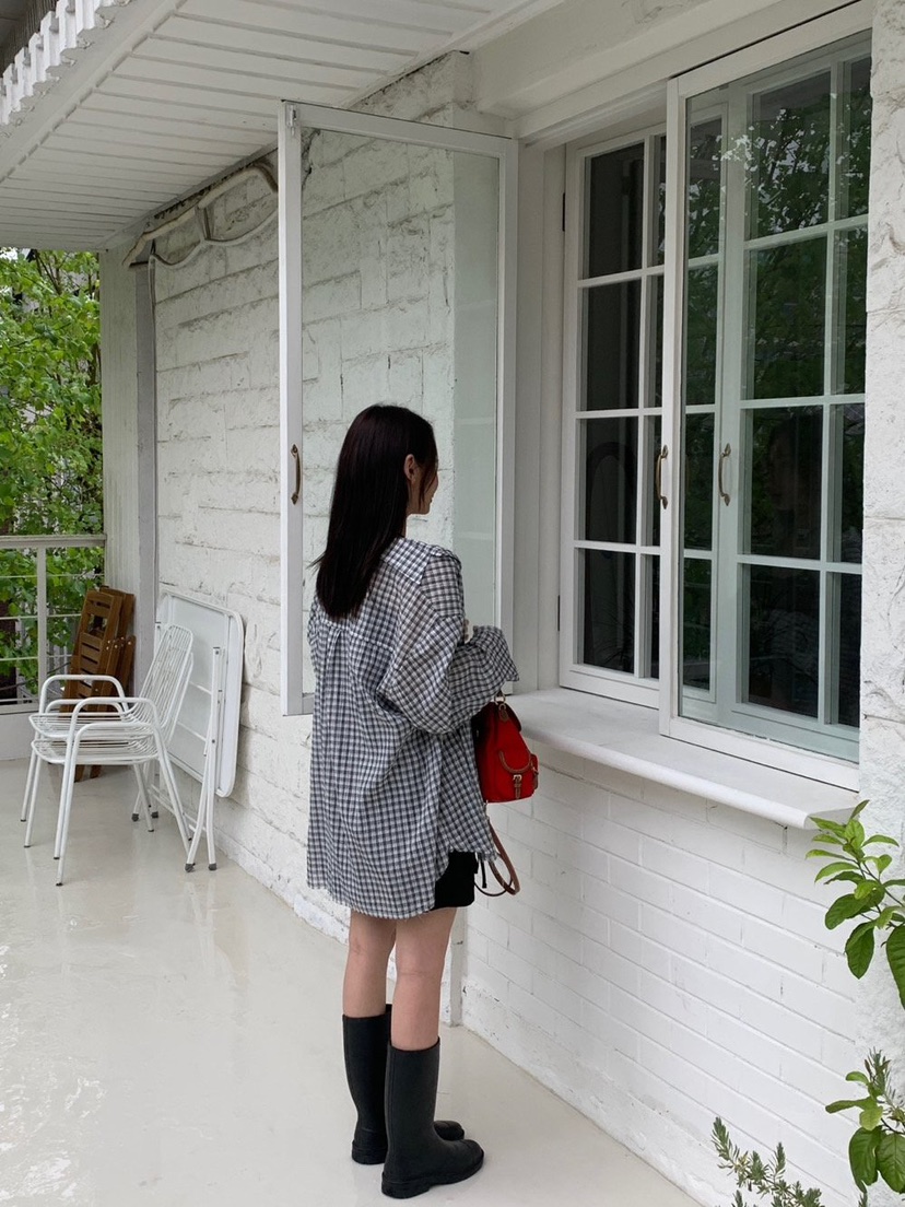 REVE CITE-L東大門代購女士新品休閑推薦25春夏襯衫蕾絲衫格紋REVE CITE襯衫/蕾絲衫