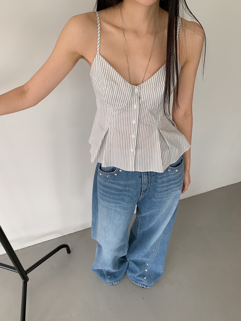 MARKE-P韓國直郵女裝新品25春夏休閑真品吊帶背心褶皺條紋MARKE-P吊帶/背心