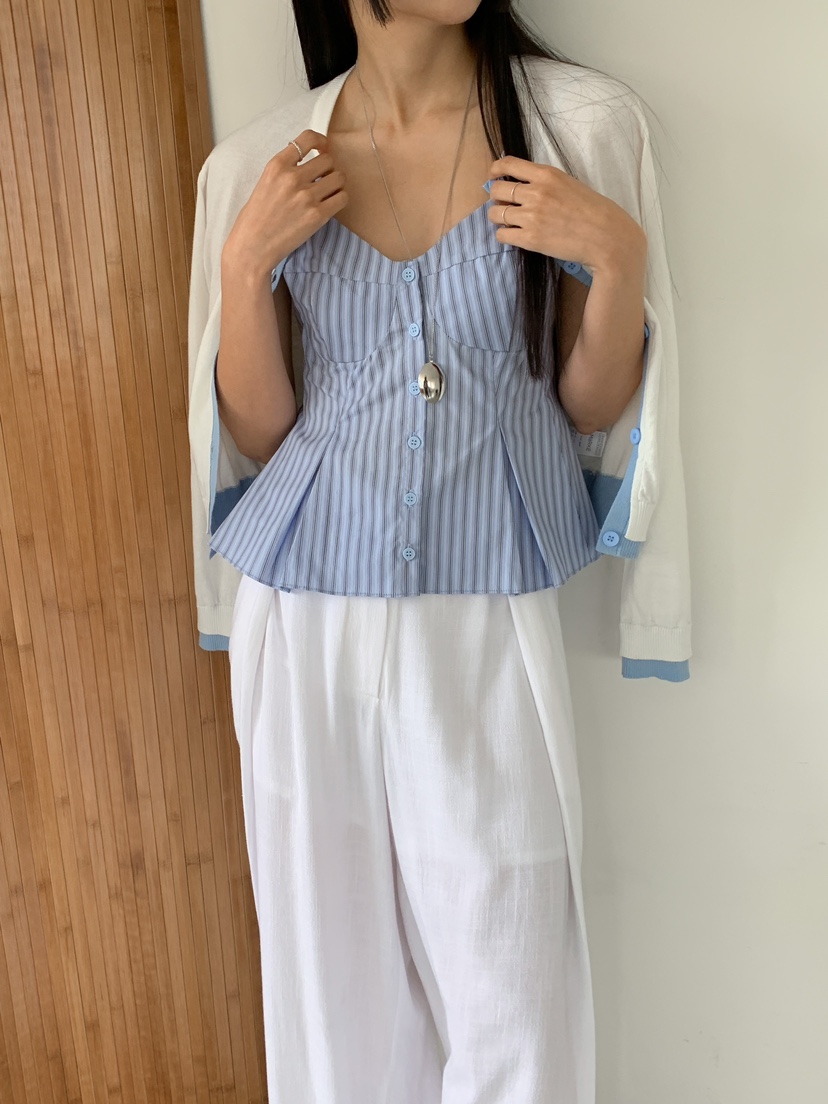 MARKE-P韓國直郵女裝新品25春夏休閑真品吊帶背心褶皺條紋MARKE-P吊帶/背心
