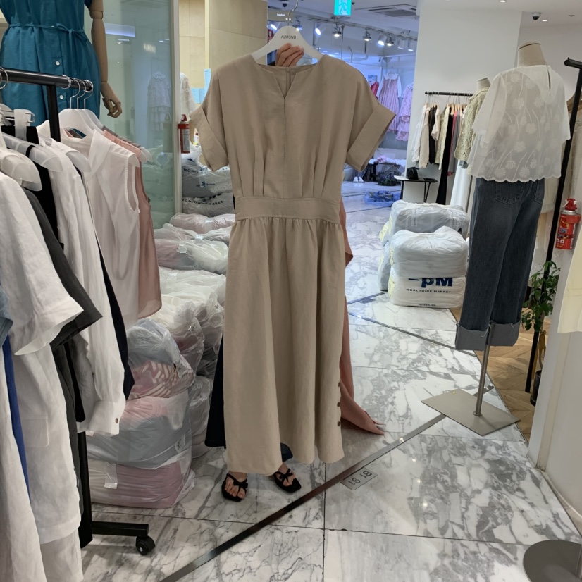 ALMOND直郵韓國代購㊣女裝新品人氣推薦25春夏連衣裙亞麻紐扣ALMOND連衣裙圖色3