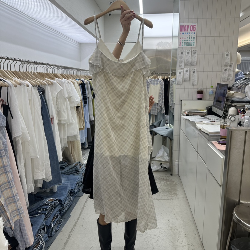 MIXXIN東大門直郵女士新款職業時尚真品25春夏連衣裙荷葉邊格紋MIXXIN連衣裙