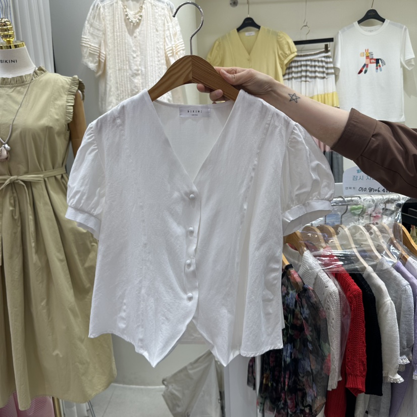 BIKINI韓國代購女裝新款熱賣職業真品休閑襯衫蕾絲衫泡泡袖BIKINI襯衫/蕾絲衫