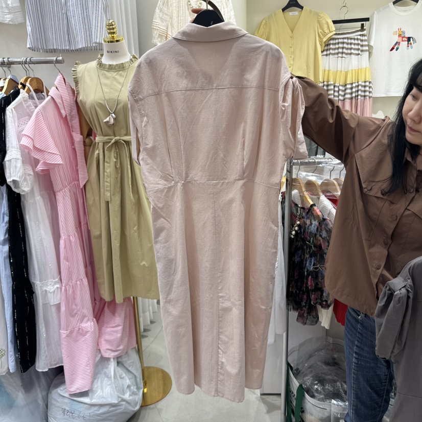 BIKINI東大門代購女裝新品職業休閑25春夏連衣裙含腰帶亞麻布BIKINI連衣裙