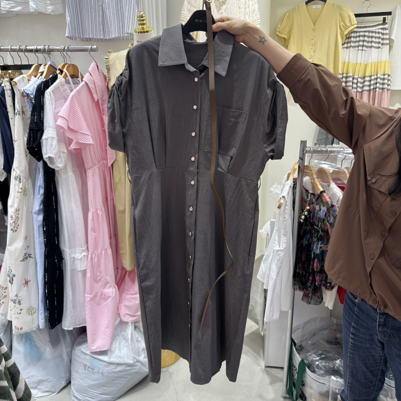 BIKINI東大門代購女裝新品職業休閑25春夏連衣裙含腰帶亞麻布BIKINI連衣裙圖色2