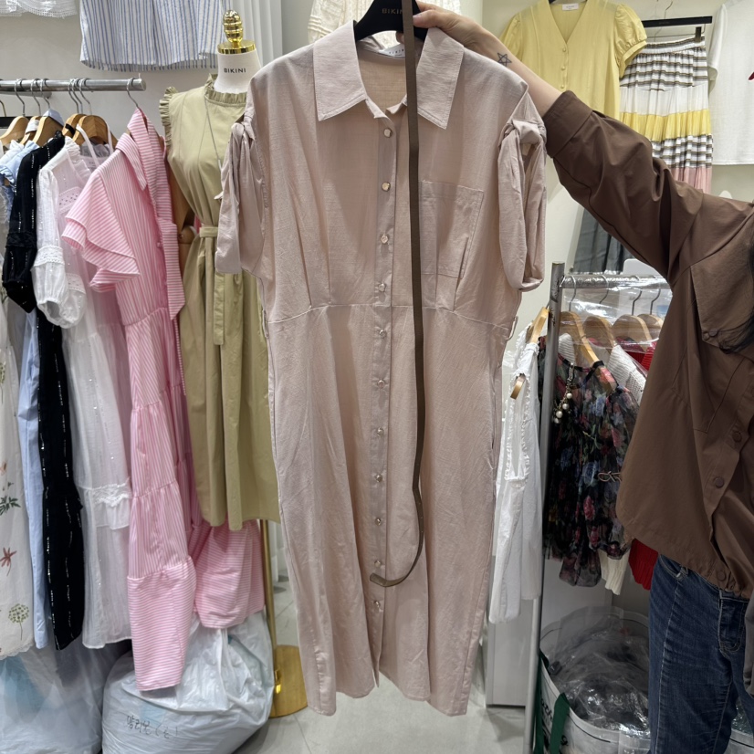 BIKINI東大門代購女裝新品職業休閑25春夏連衣裙含腰帶亞麻布BIKINI連衣裙圖色3