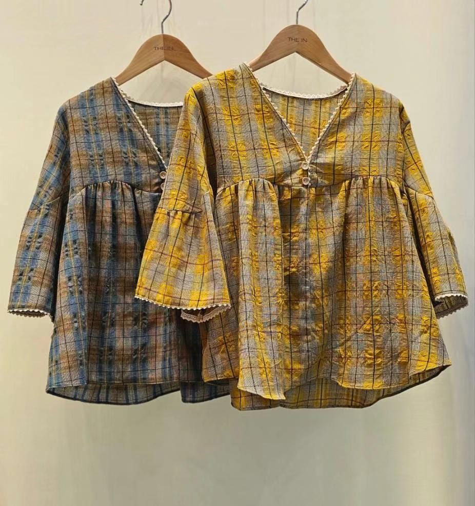 THE IN-더인-T東大門直郵女士新品時尚襯衫蕾絲衫格紋褶皺THE IN襯衫/蕾絲衫