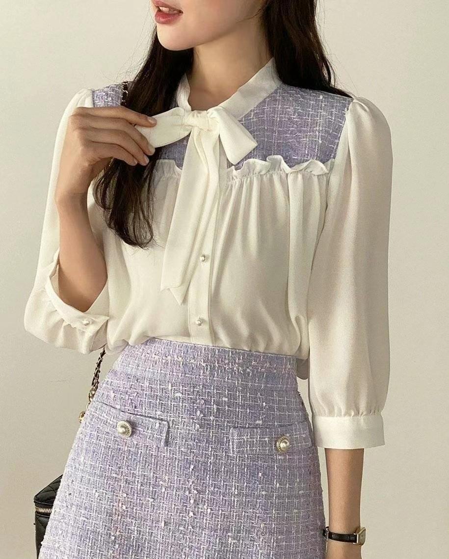 OLIVIA韓國㊣直郵東大門代購女裝新款時尚休閑襯衫蕾絲衫花呢OLIVIA襯衫/蕾絲衫圖色2