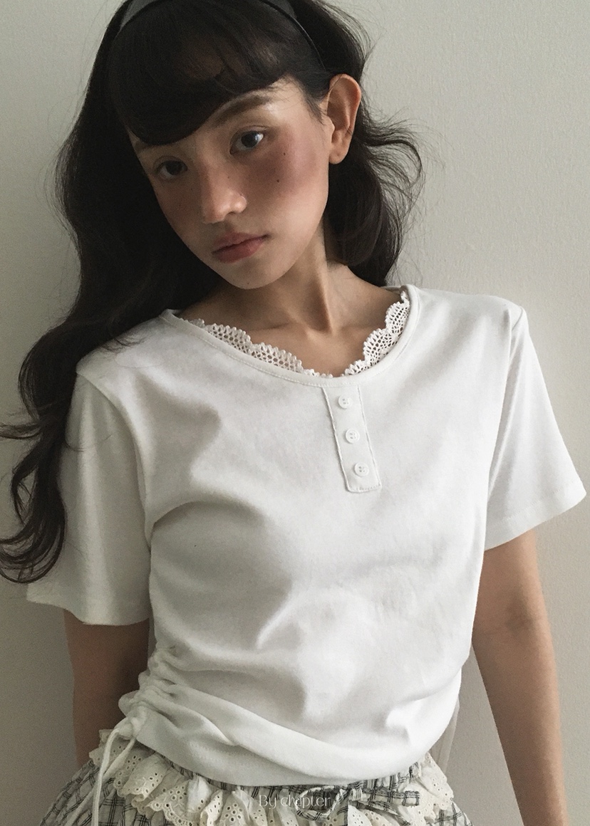 BY CHAPTER韓國直郵㊣女裝新品休閑25春夏人氣T恤蕾絲褶皺ChapterT恤圖色3