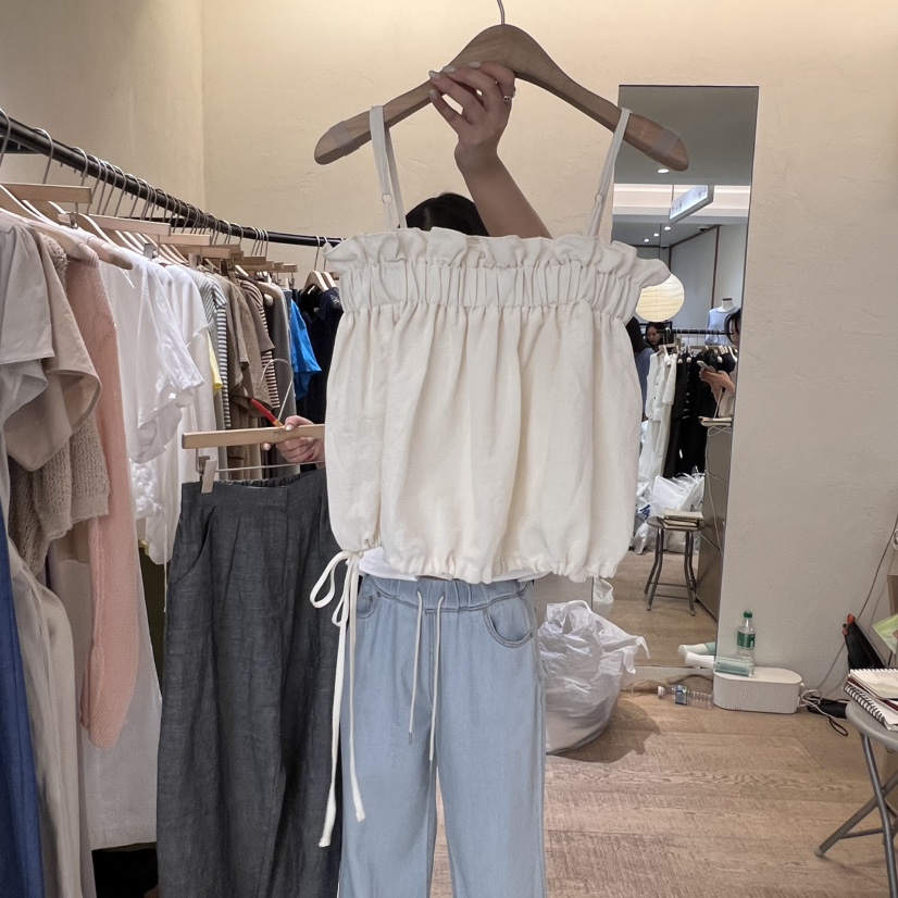 W AND J直郵韓國代購㊣女裝新品時尚休閑25春夏吊帶背心荷葉邊W AND J吊帶/背心
