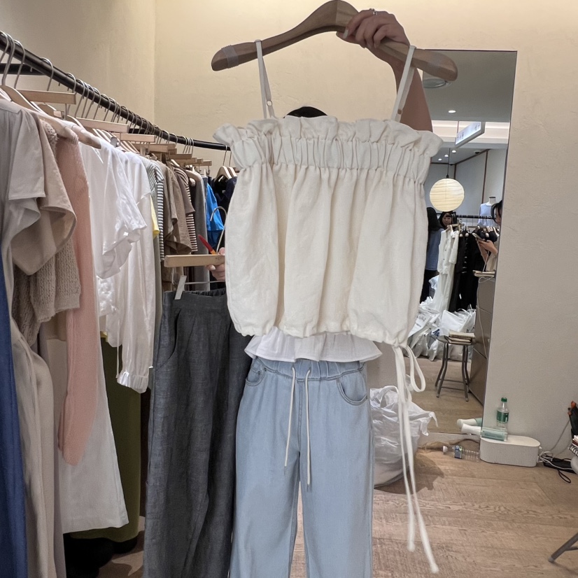 W AND J直郵韓國代購㊣女裝新品時尚休閑25春夏吊帶背心荷葉邊W AND J吊帶/背心