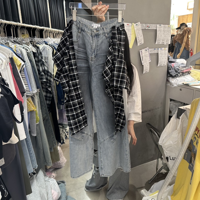 MOMAZU韓國直郵㊣女裝新品時尚人氣休閑25春夏牛仔褲披肩格紋MOMAZU牛仔褲圖色1