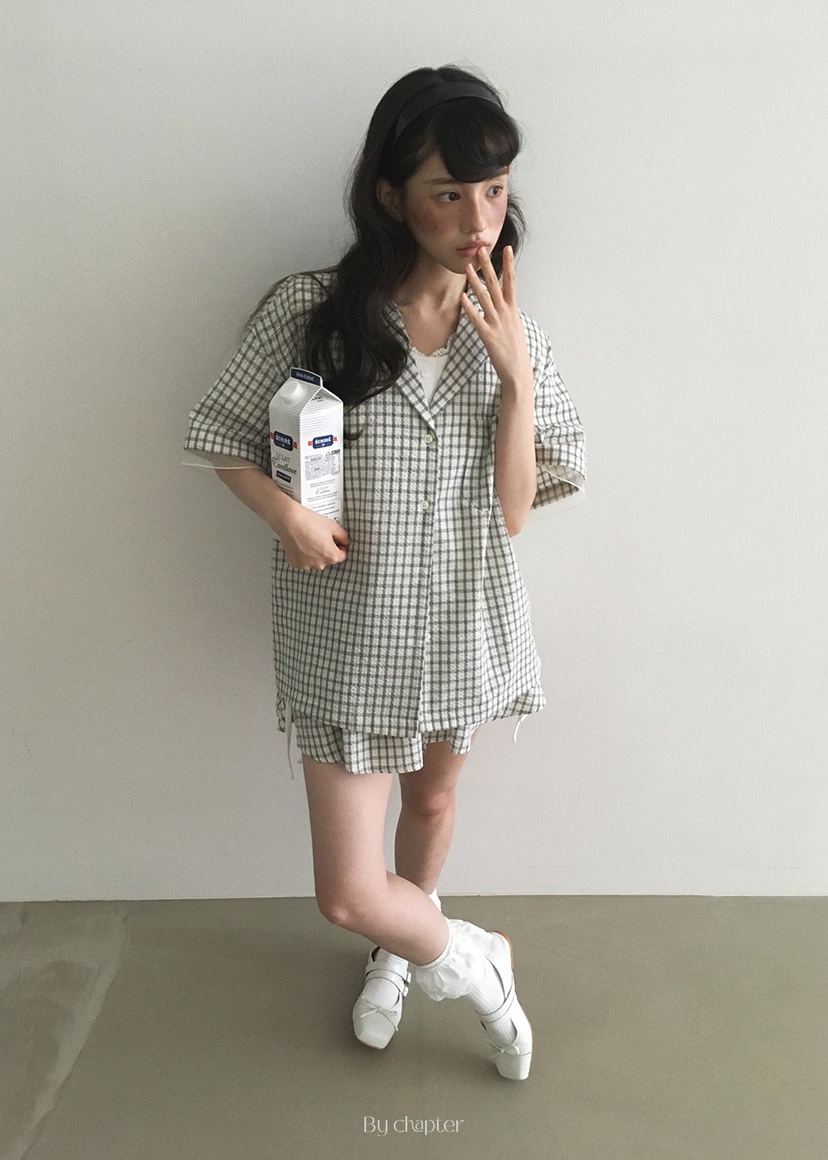 BY CHAPTER韓國直郵㊣東大門實拍女裝新品人氣襯衫蕾絲衫格紋Chapter襯衫/蕾絲衫