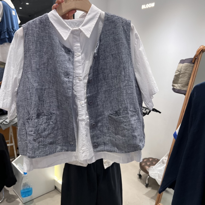 BLOOM韓國㊣直郵東大門代購女裝新款熱賣時尚馬甲不含內搭亞麻BLOOM馬甲