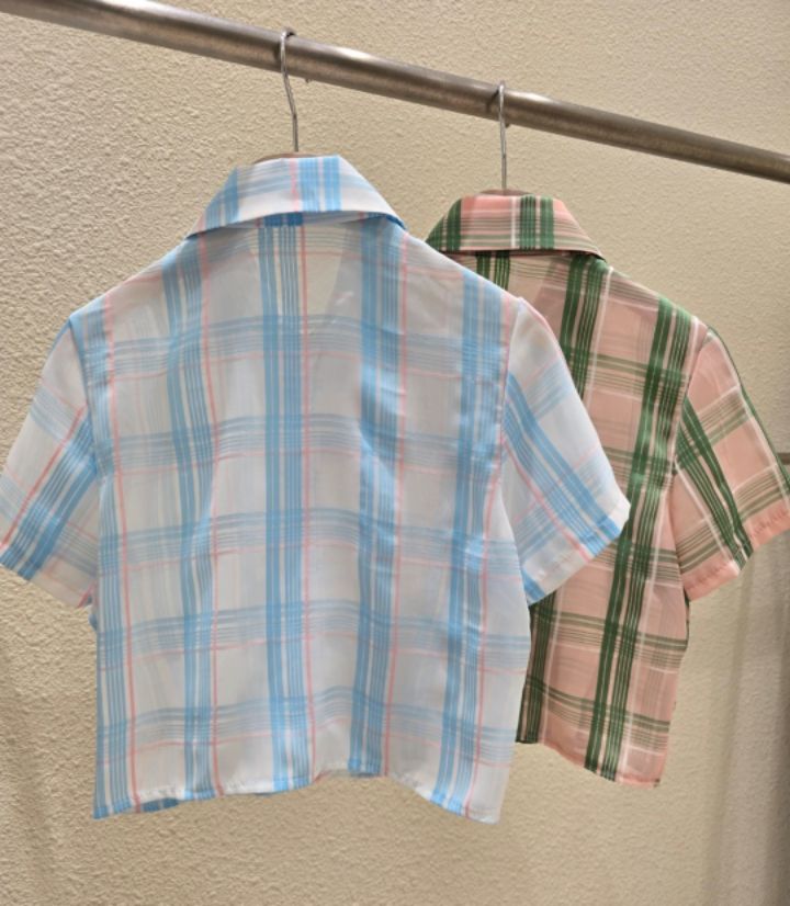 火Ⅱ-화투-T東大門實拍女士新品熱賣25春夏襯衫蕾絲衫格紋火Ⅱ襯衫/蕾絲衫