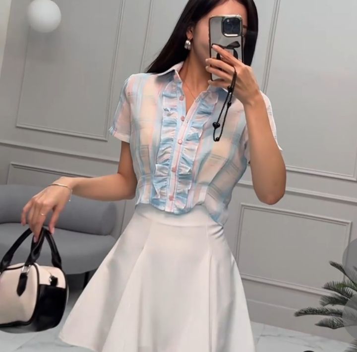 火Ⅱ-화투-T東大門實拍女士新品熱賣25春夏襯衫蕾絲衫格紋火Ⅱ襯衫/蕾絲衫