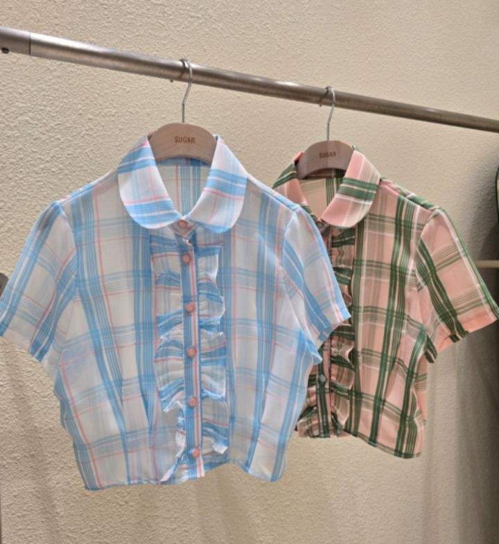火Ⅱ-화투-T東大門實拍女士新品熱賣25春夏襯衫蕾絲衫格紋火Ⅱ襯衫/蕾絲衫圖色2左二色