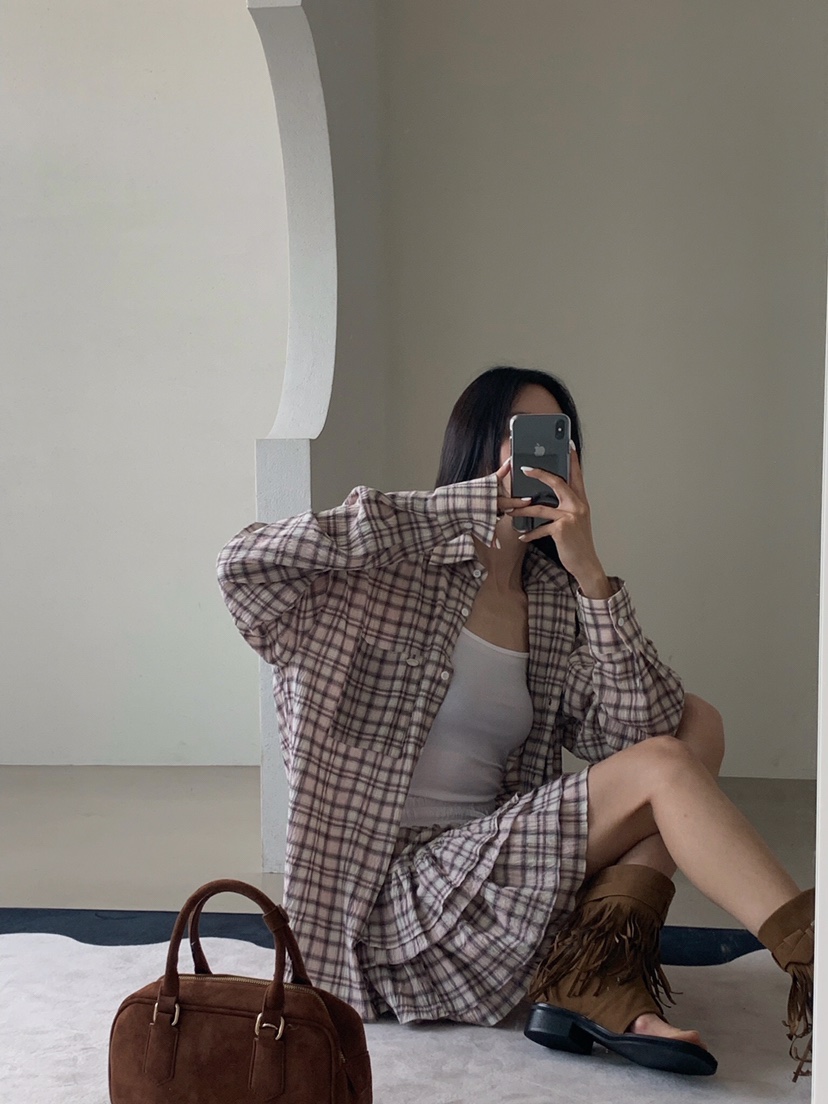 VERANDA直郵韓國代購㊣女裝新品休閑25春夏時尚襯衫蕾絲衫格紋VERANDA襯衫/蕾絲衫