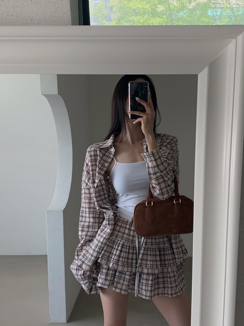 VERANDA直郵韓國代購㊣女裝新品休閑25春夏時尚襯衫蕾絲衫格紋VERANDA襯衫/蕾絲衫
