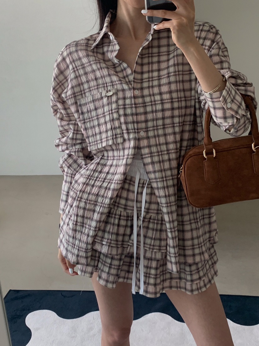VERANDA直郵韓國代購㊣女裝新品休閑25春夏時尚襯衫蕾絲衫格紋VERANDA襯衫/蕾絲衫