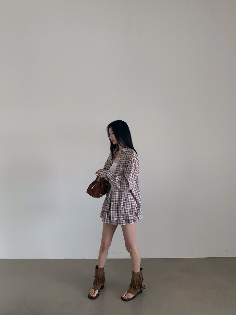 VERANDA直郵韓國代購㊣女裝新品休閑25春夏時尚襯衫蕾絲衫格紋VERANDA襯衫/蕾絲衫