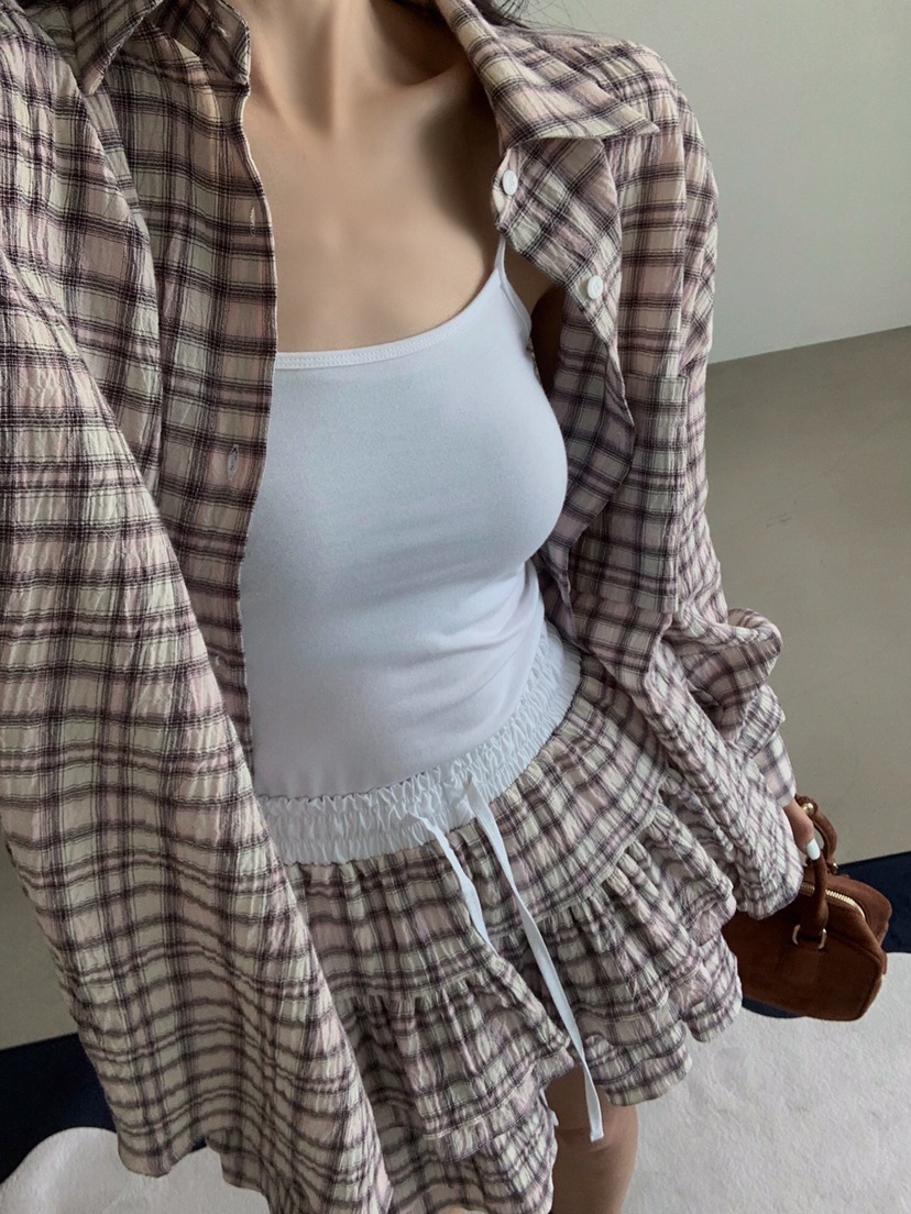 VERANDA直郵韓國代購㊣女裝新品休閑25春夏時尚襯衫蕾絲衫格紋VERANDA襯衫/蕾絲衫