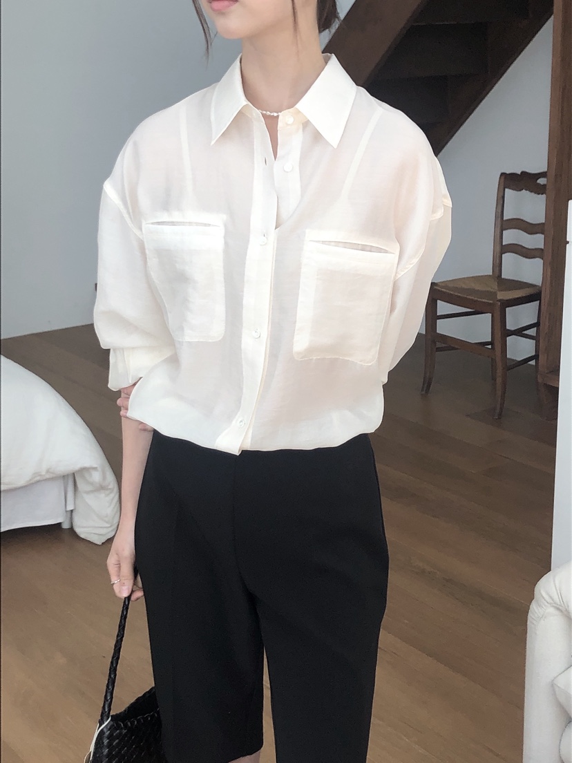 LE BUTTER韓國代購女士新品25春夏時尚襯衫蕾絲衫口袋天絲LE BUTTER襯衫/蕾絲衫