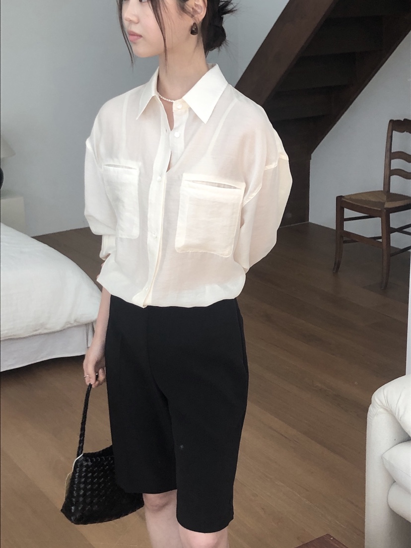LE BUTTER韓國代購女士新品25春夏時尚襯衫蕾絲衫口袋天絲LE BUTTER襯衫/蕾絲衫
