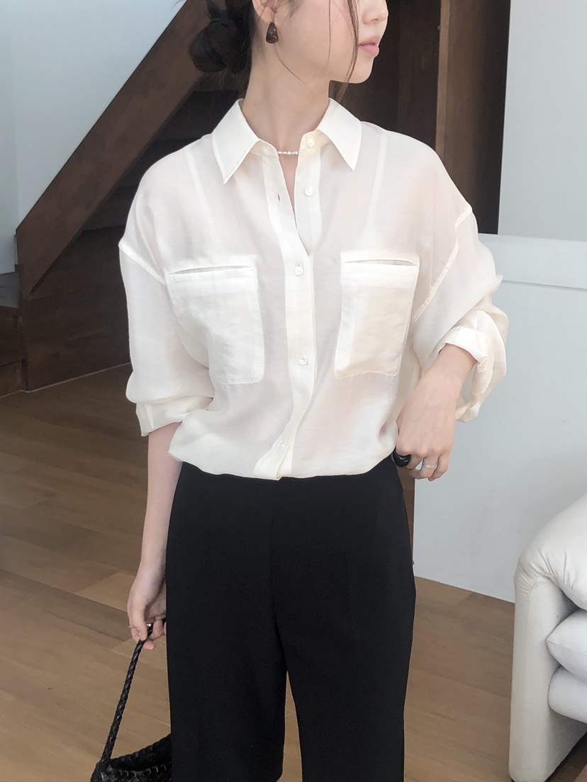 LE BUTTER韓國代購女士新品25春夏時尚襯衫蕾絲衫口袋天絲LE BUTTER襯衫/蕾絲衫
