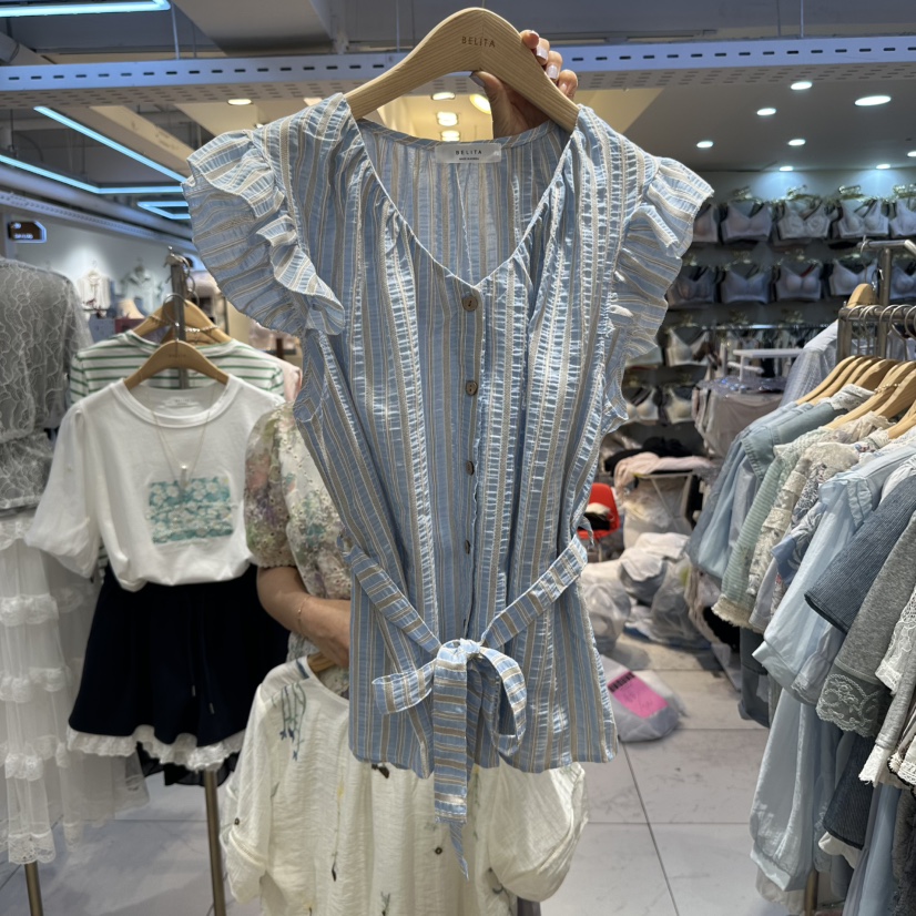 空韓國直郵女士新品25春夏職業休閑真品熱賣襯衫蕾絲衫含腰帶BELITA襯衫/蕾絲衫圖色2