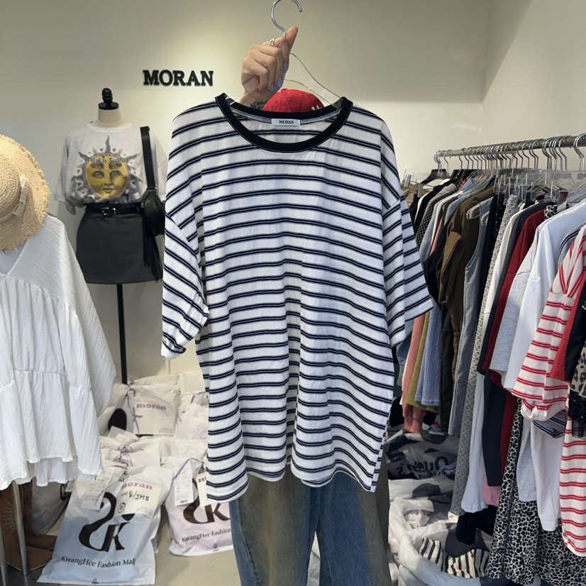 MORAN東大門代購女裝新品推薦時尚職業熱賣人氣真品T恤條紋MORAN/MOSCOT恤圖色2